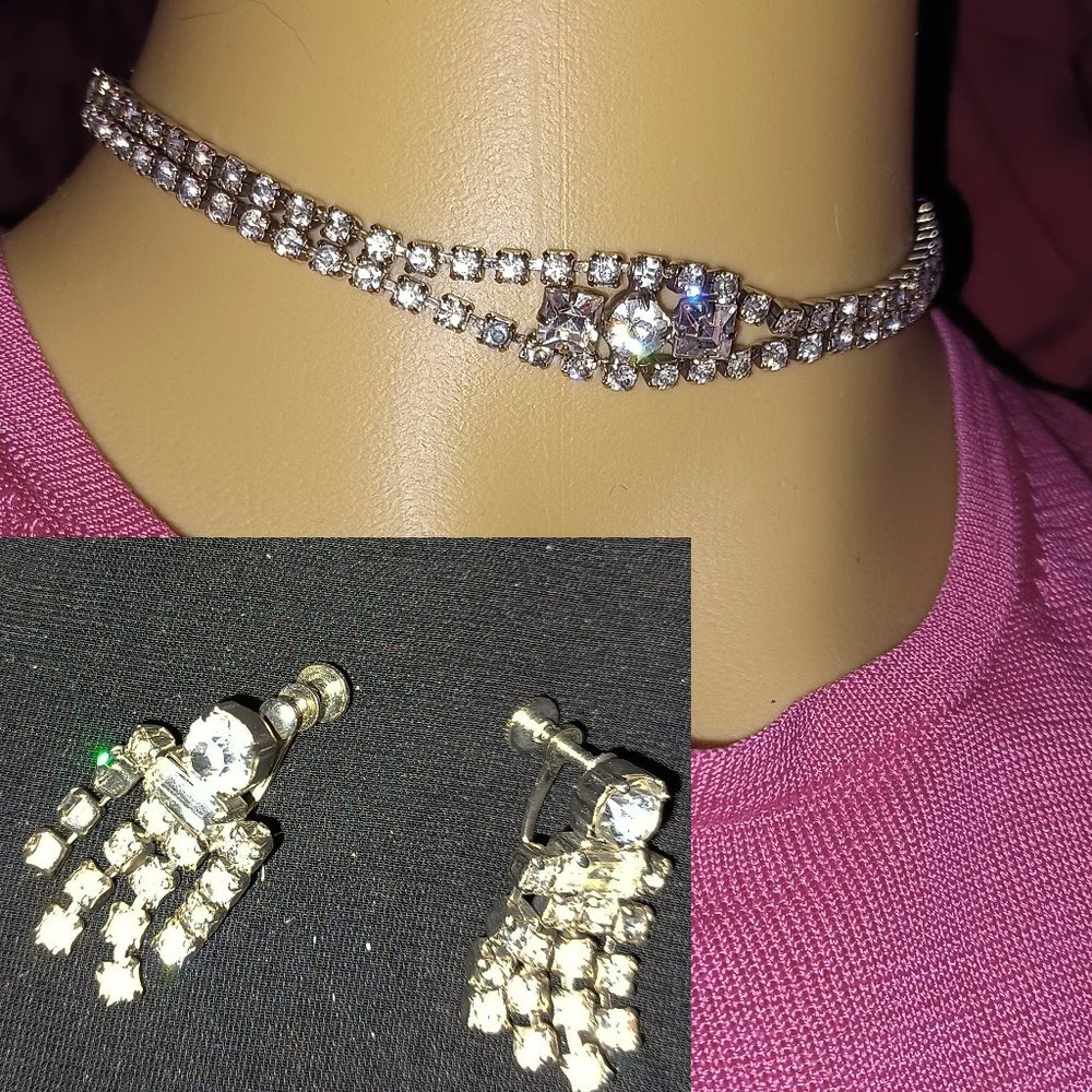 Vntg RHINESTONE CHOKER Necklace & Dangle Screw Back Earrings